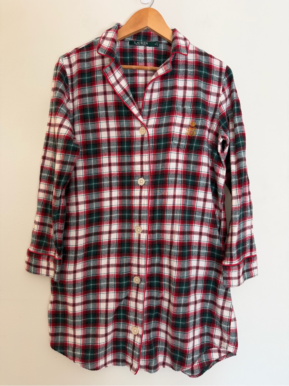 Lauren Ralph Lauren Plaid Button-Front Flannel Nightshirt Red Green White Medium